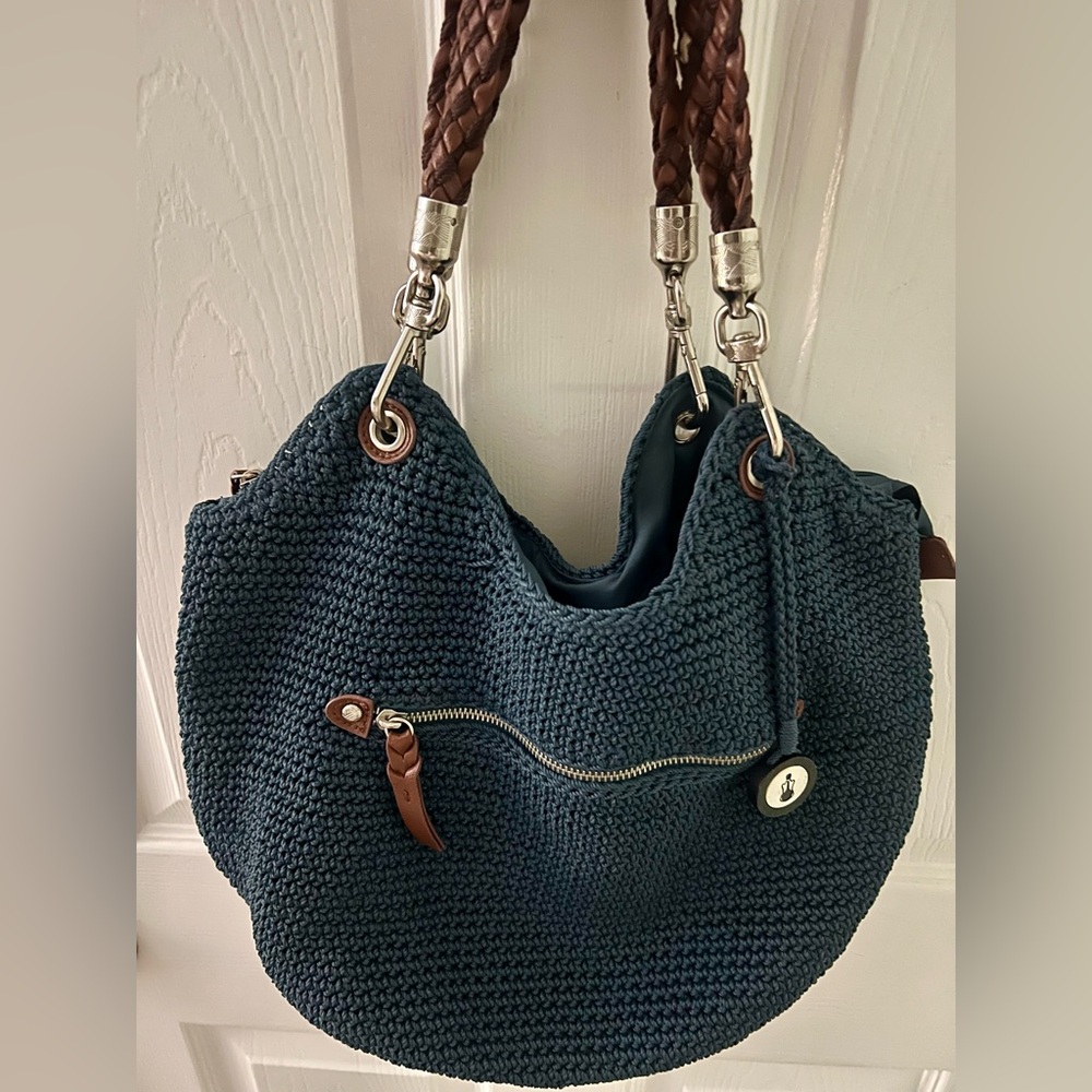 The Sak Indio Crochet Tote Blue Knit Bag Braided Faux Leather Straps